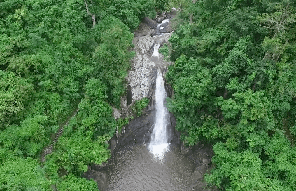 the maribina falls waterfall in catanduanes philippines as een from the sky shot by drone aerial view